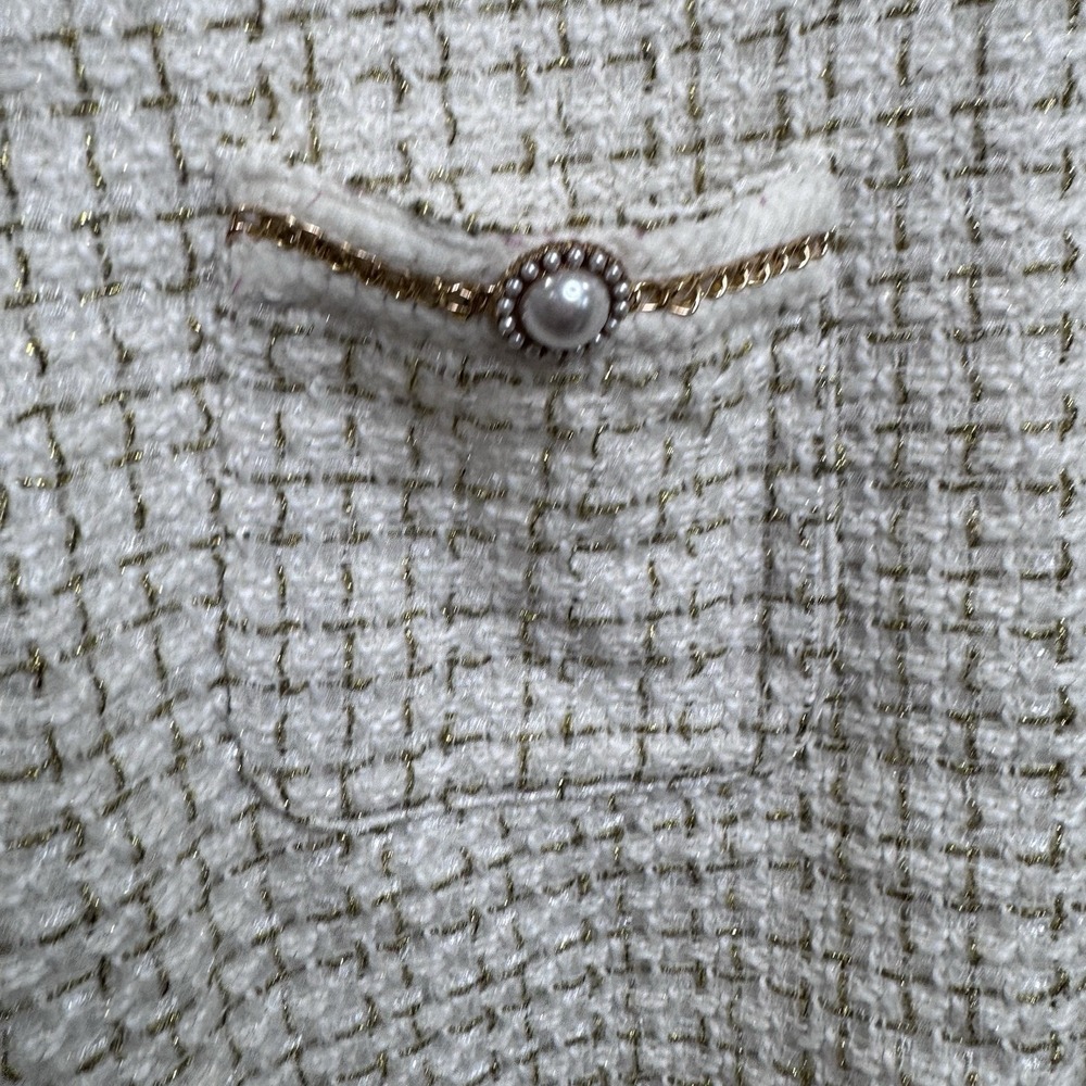 Simply Southern Tweed Dress Size S White Gold Pearl Button Puff Sleeve - Picture 3 of 9